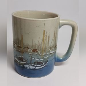 Vintage Otagiri Japan Stoneware Pottery Sailboats in Harbor Coffee Mug Cup